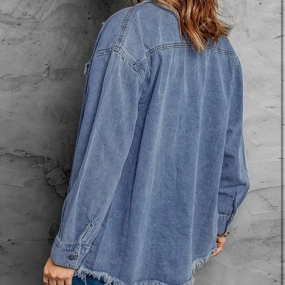 Denim Button-Up Shirt with Frayed Hem - Picture 6 of 12